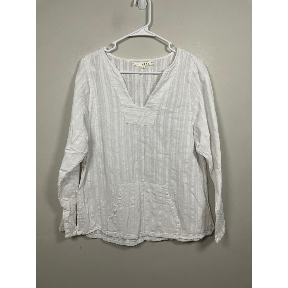 Xirena White Long Sleeve Cotton Top with Kangaroo Pocket Size Large Boho Coastal